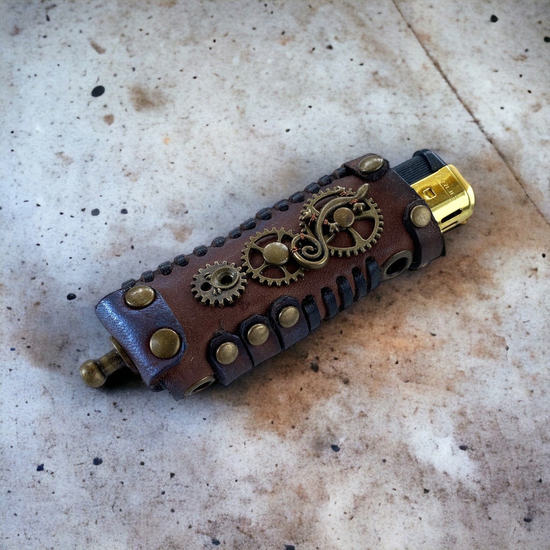 Steampunk Brown Leather Lighter Case, Unique Handmade Lighter Holder