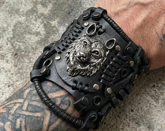 Black Leather Wolf Bracelet, Gothic Rocker Men's Cuff, Wide Biker Wristband, Heavy Metal Jewelry, Unique Gift for Him