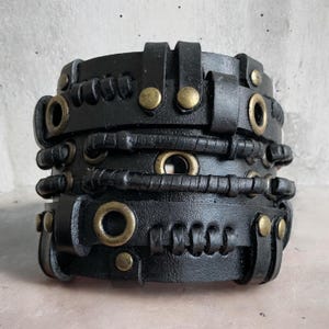 Black Bronze Leather Steampunk Cuff Bracelet – Wide Studded Handmade Adjustable Unisex Biker Wristband – Gothic Industrial Style Jewelry