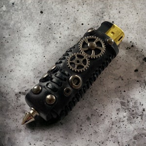 Black Steampunk lighter case, Genuine leather lighter pouch, Handmade lighter holder, Reusable studded lighter holder, Steampunk smoker gift