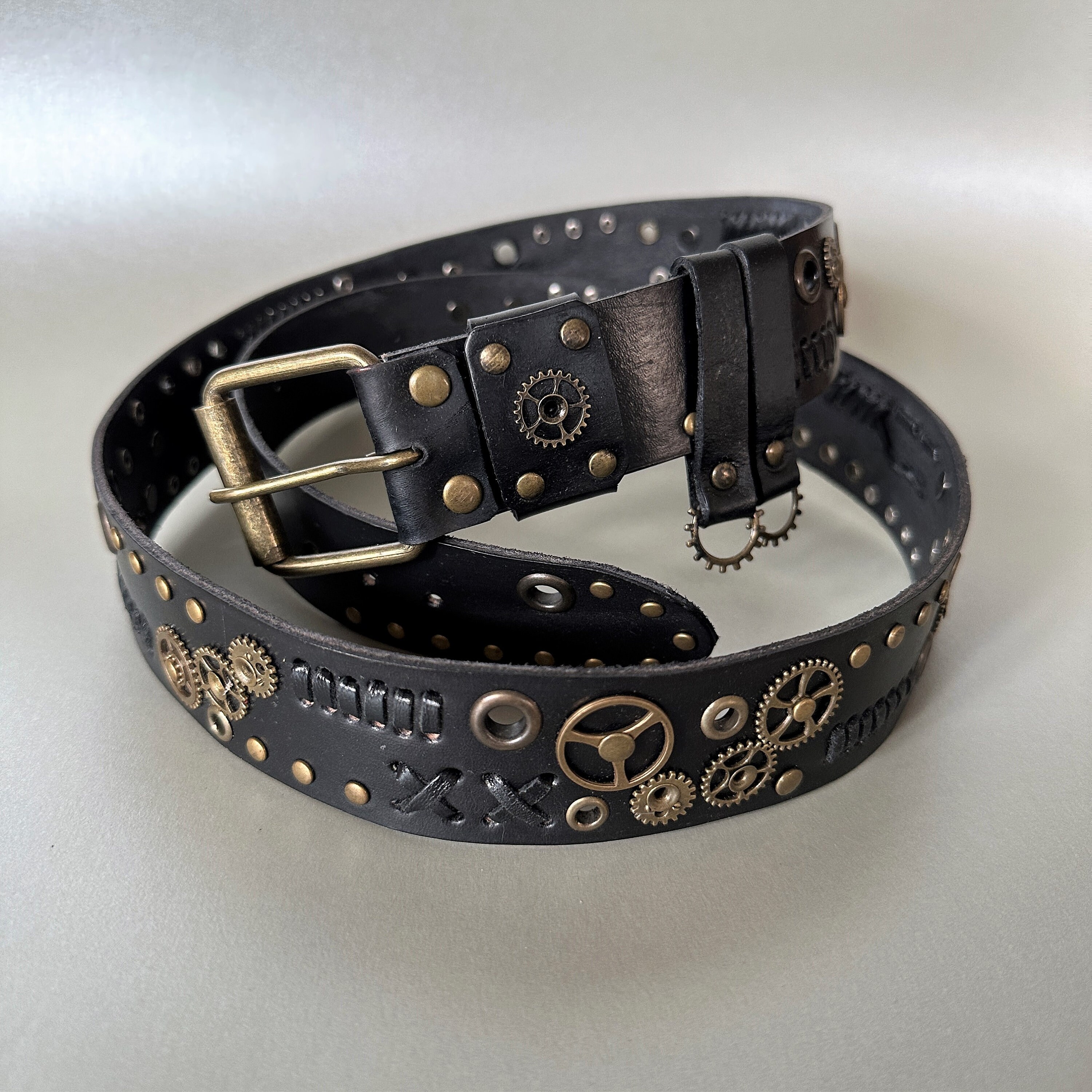 Black Bronze Steampunk Studded Leather Belt, Steampunk 