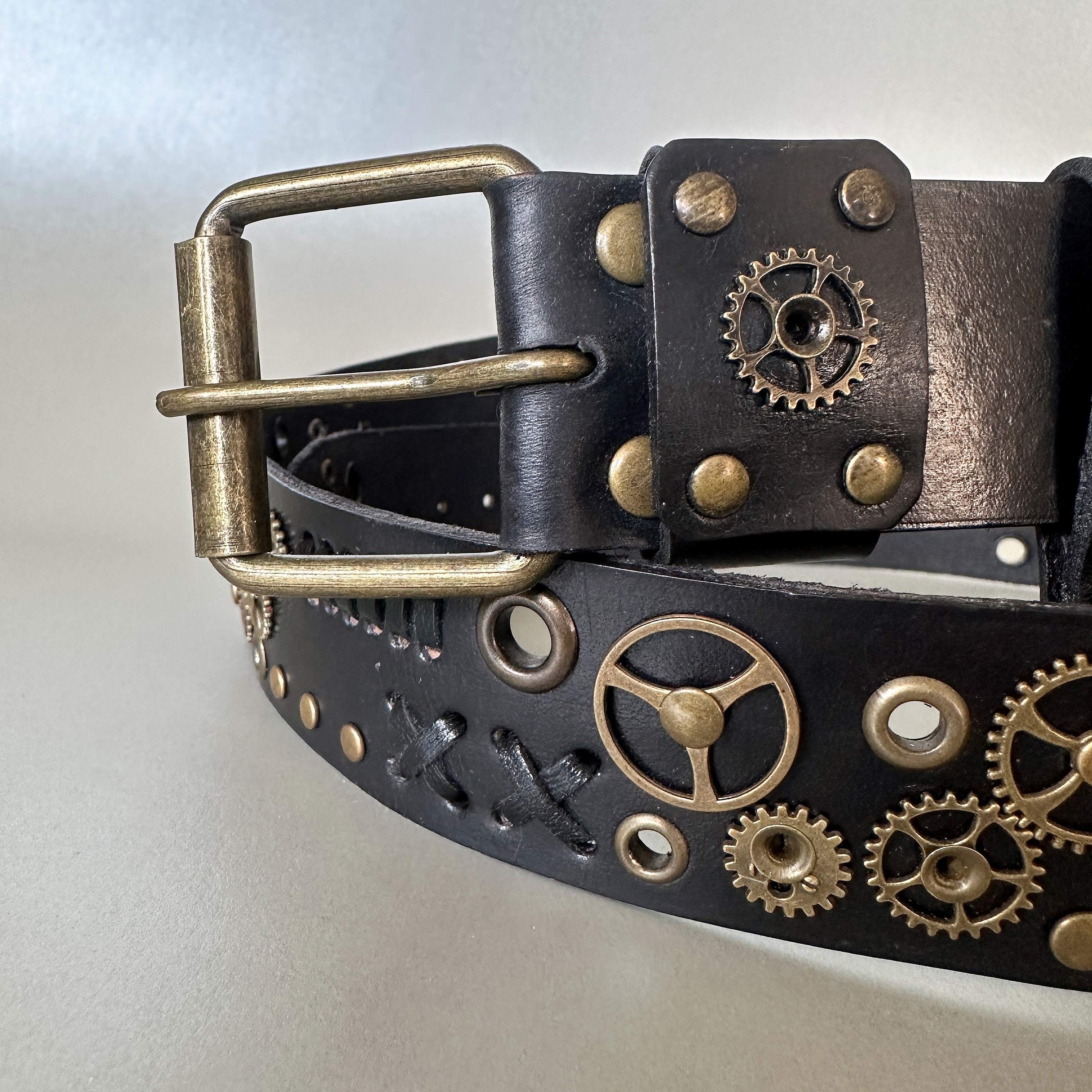 Statement Chain Belt Bronze Wheels Steampunk Nomad Apocalyptic Cosplay Womens Black Bronze Steampunk Studded Leather Belt, Steampunk  main image 4