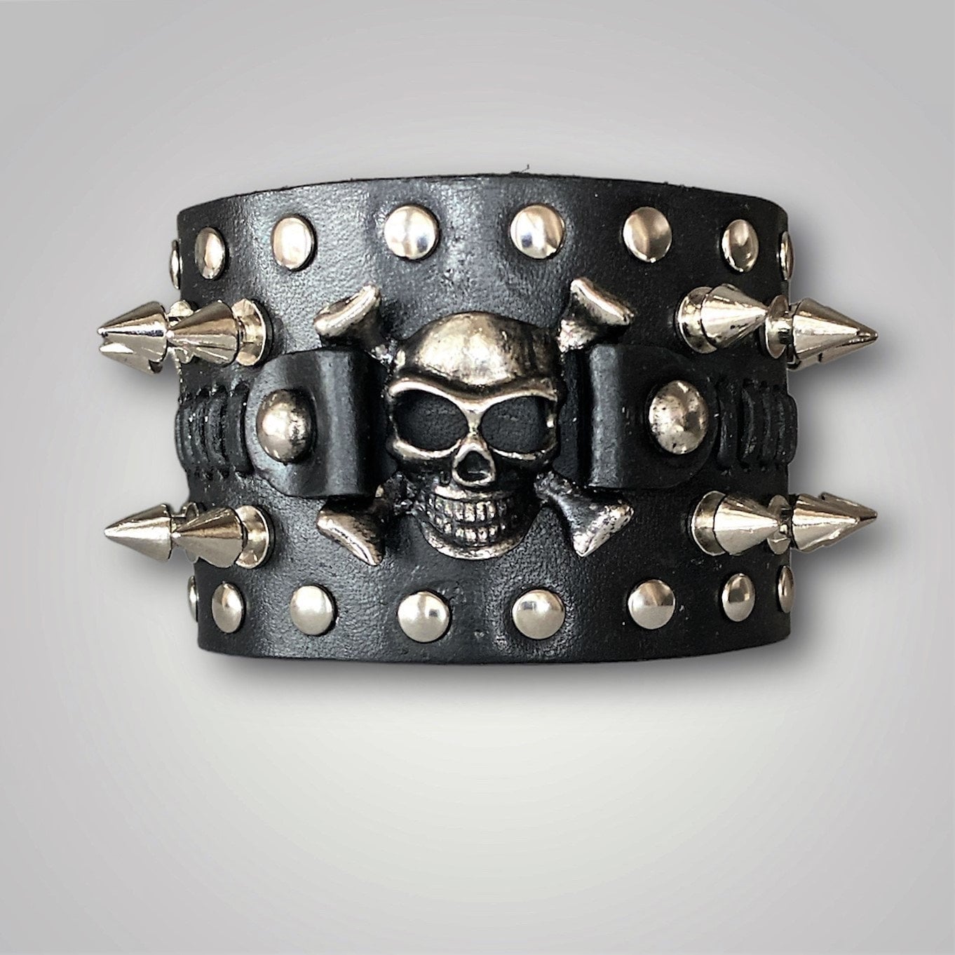 Wide Black Skull Leather Bracelet, Adjustable Punk Rock