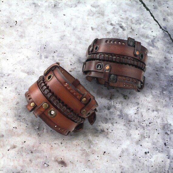 Brown Steampunk Cuff Leather Bracelet, Partnership Rock  display picture 3