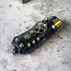Black Steampunk genuine leather lighter case, Unique handmade lighter holder, Reusable studded lighter holder for BIC, Steampunk smoker gift