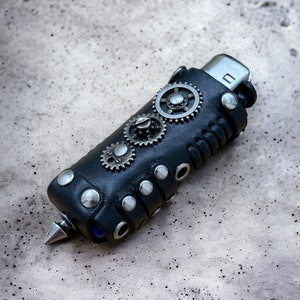 Black Steampunk leather lighter case, Unique handmade lighter holder, Reusable studded gear lighter pouch for BIC, Steampunk smoker gift