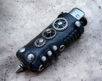 Black Steampunk leather lighter case, Reusable lighter holder for BIC, Unique smoker gift