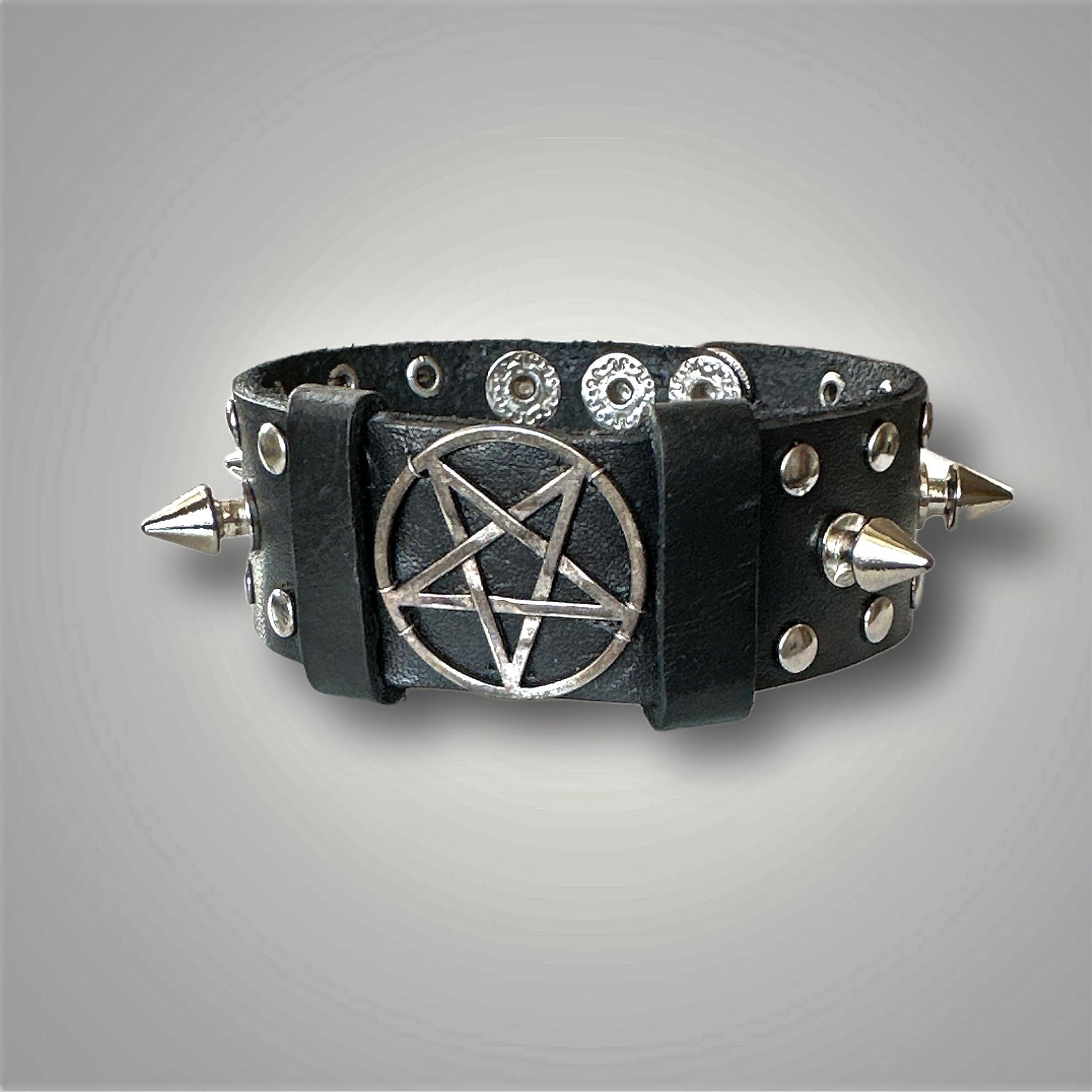 Black Spiked Leather Bracelet With Inverted Pentagram