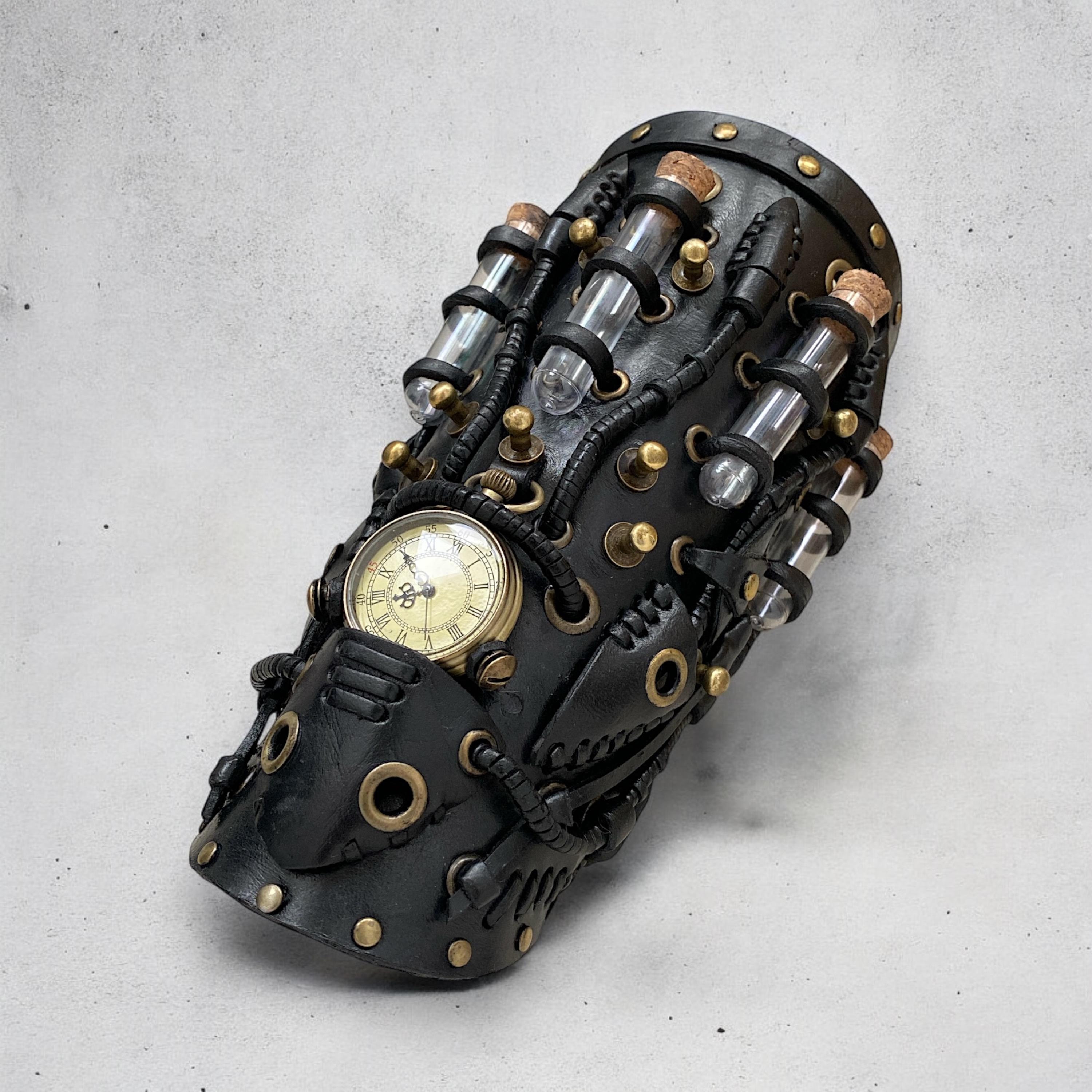 Wide black bronze steampunk leather bracelet, Wrap alchemist potion bracer, Genuine leather vampire steampunk cuff, Black cosplay wristband