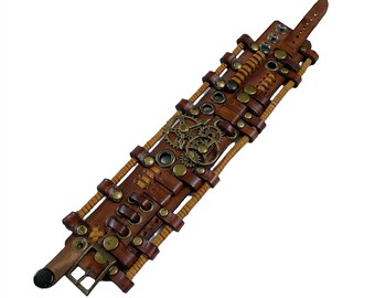 Bracciale Uomo Aroncent In Pelle PU Stile Steam Punk: Regolabile Con Fibbie, Color Marrone - 4