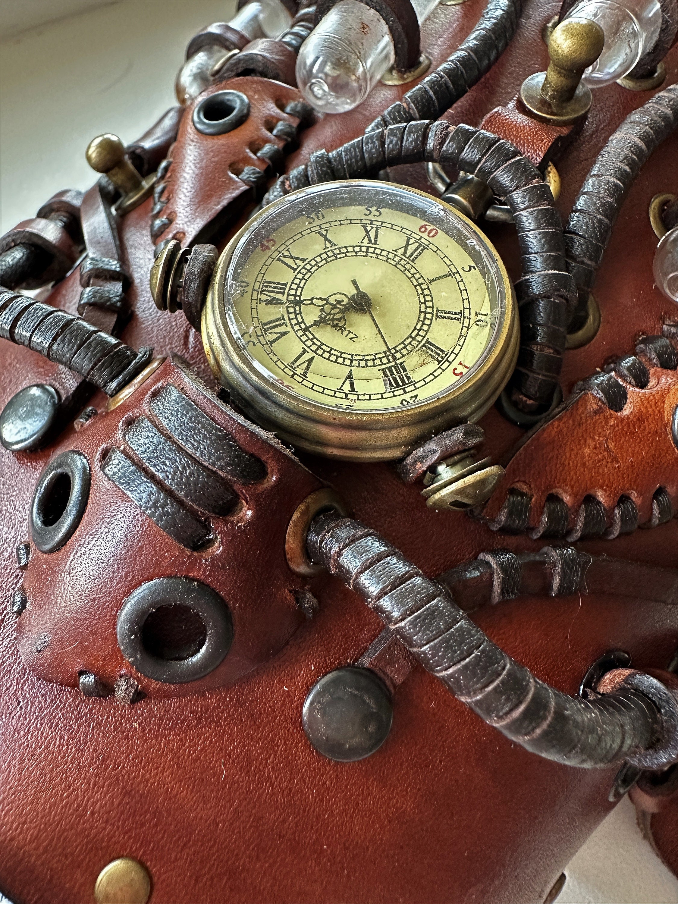 Wide Brown Steampunk Cuff Leather Bracelet, Wrap Alchemist