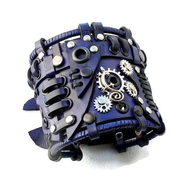 Grand bracelet manchette en cuir steampunk bleu, bracelet bleu d'inspiration steampunk, bracelet unisexe réglable en cuir véritable, cadeau cyberpunk