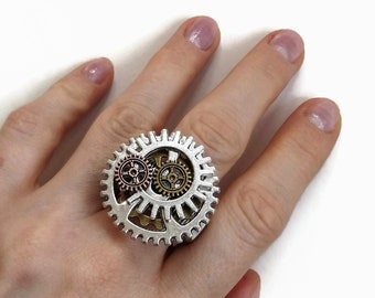 Steampunk Gear Ring: Adjustable Clockwork Industrial Jewelry