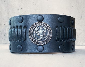 Cancer Zodiac Leather Bracelet: Studded Star Sign Astrology Jewelry