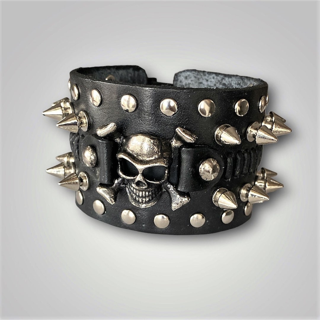 Wide Black Skull Leather Bracelet, Adjustable Punk Rock Wide Black Skull Leather Bracelet, Adjustable Punk Rock
