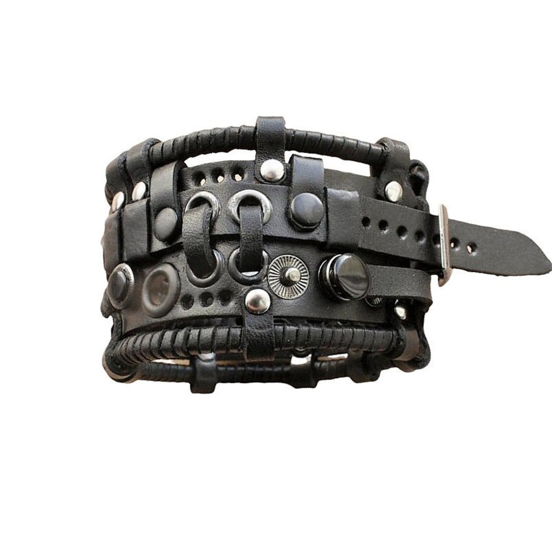 Black Steampunk Leather Bracelet, Men's Wrap Rock Leather