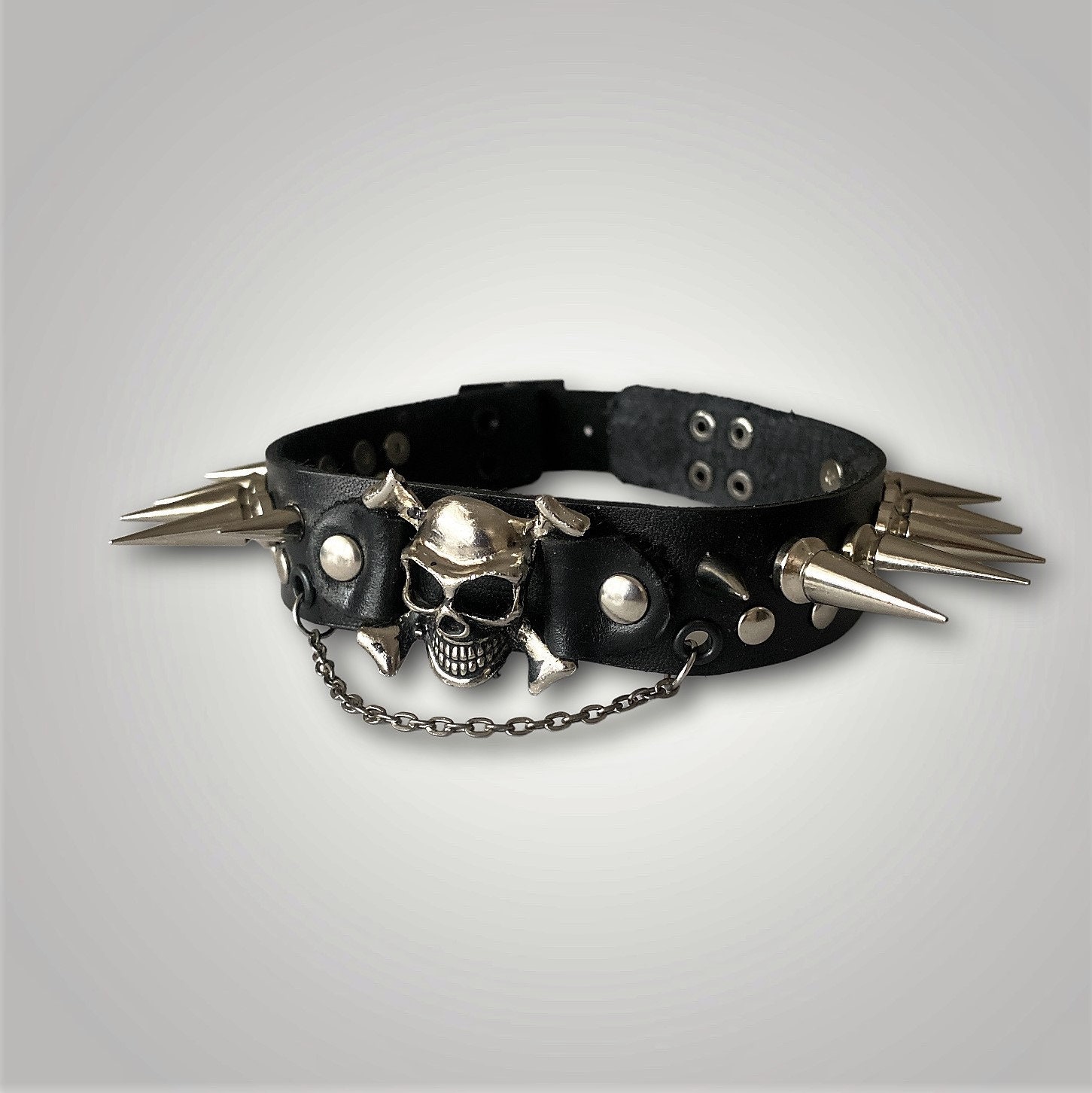 【HUGYOURSKIN】Lace Studded Top (Charcoal) Black Punk Leather Collar With Skull and Studs, Genuine