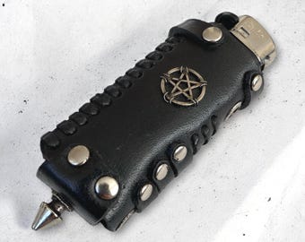 Estuche de cuero para encendedor con pentagrama, soporte para encendedor gótico negro, regalo para fumadores