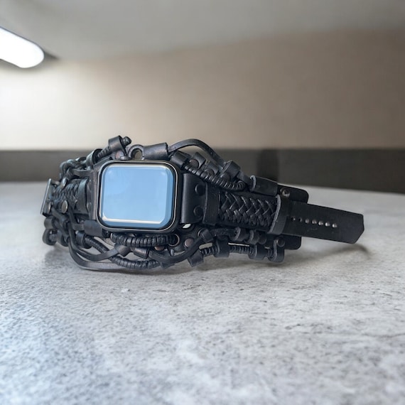 Black Apple watch handmade leather bracelet, Steampunk leather cuff for Apple watch, Steampunk leather band, Black vintage watch strap