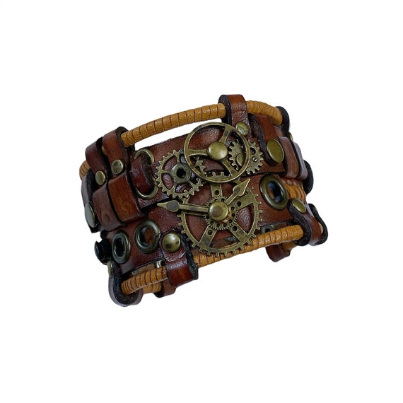 Bracciale in pelle marrone steampunk, bracciale in pelle avvolgente da uomo a forma di chitarra, bracciale largo in vera pelle in stile rock, regalo di gioielli da motociclista da uomo