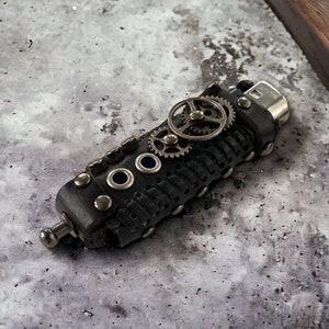 Black Steampunk leather lighter case, Reusable studded gear cog lighter pouch for BIC, Unique handmade lighter holder, Steampunk smoker gift