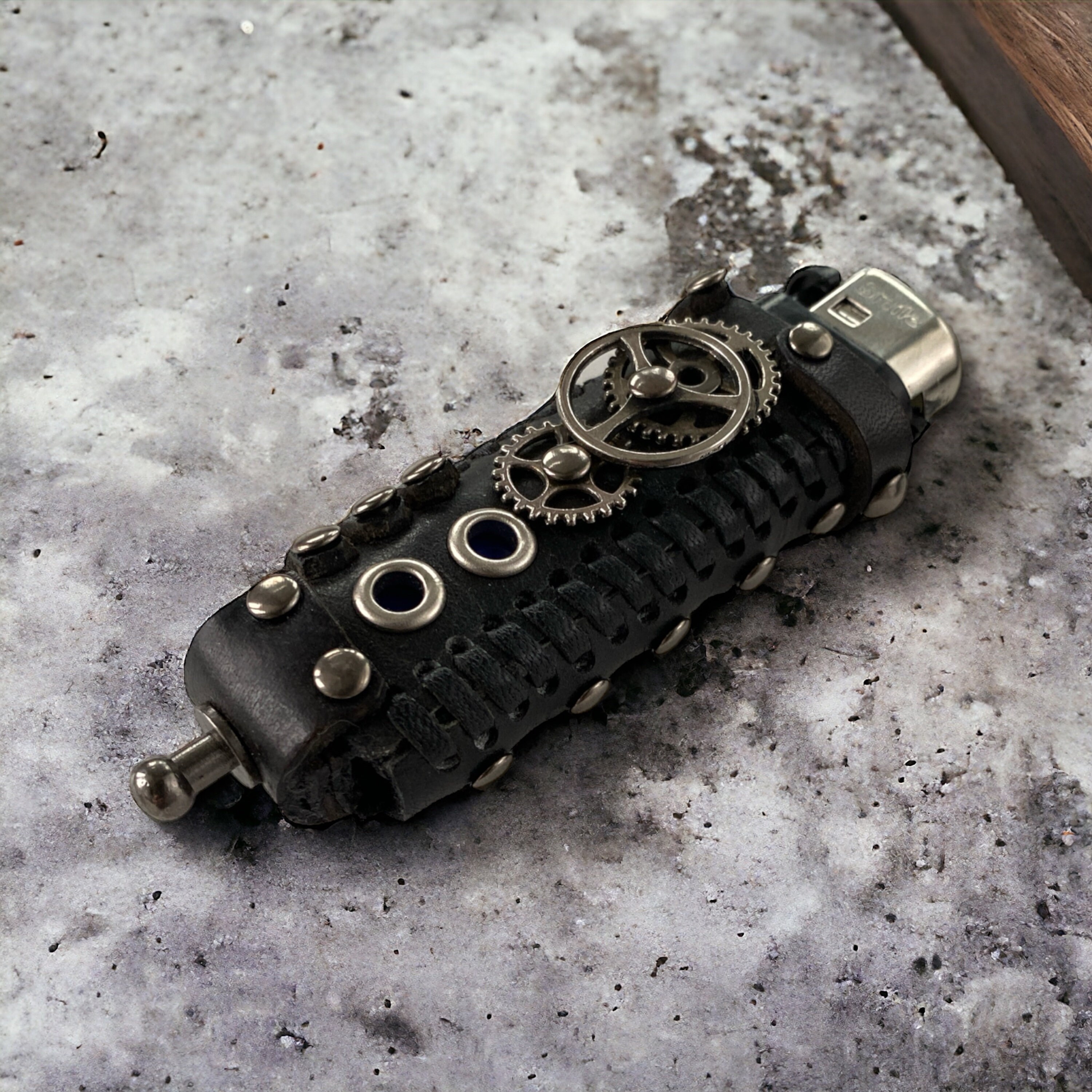 Black Steampunk Leather Lighter Case, Reusable Studded Gear