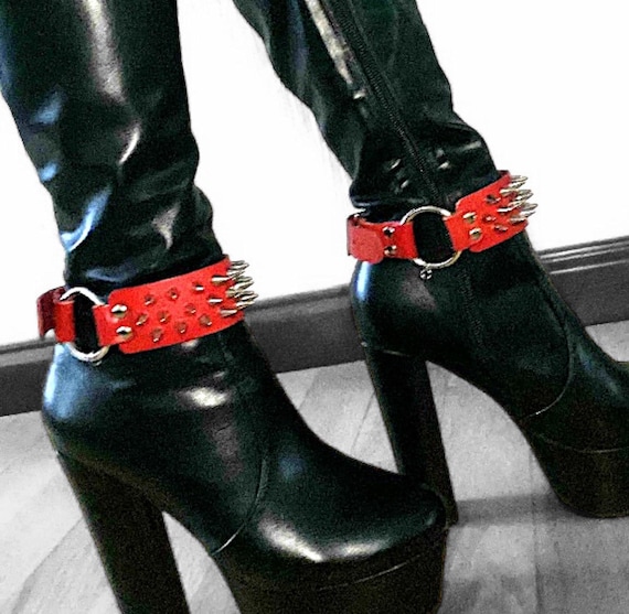 Red Studded Leather Ankle Bracelet, Spiked Leather Over Shoe