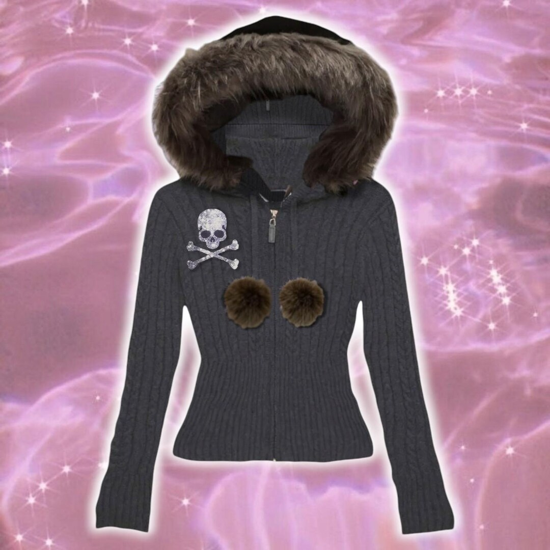 Gyaru Mcbling Grunge Apocalyptic Fur Trim Y2K Inspired Hoodie With Pom ...