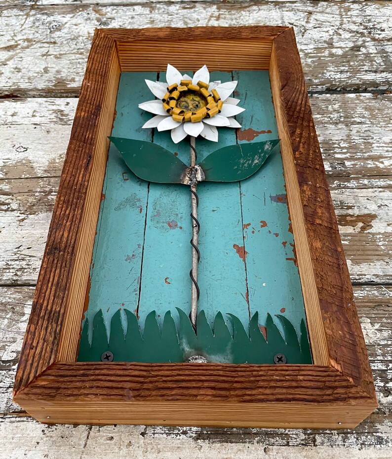 Reclaimed Wood Wall Art Metal Flower Blue Shiplap Barn Etsy