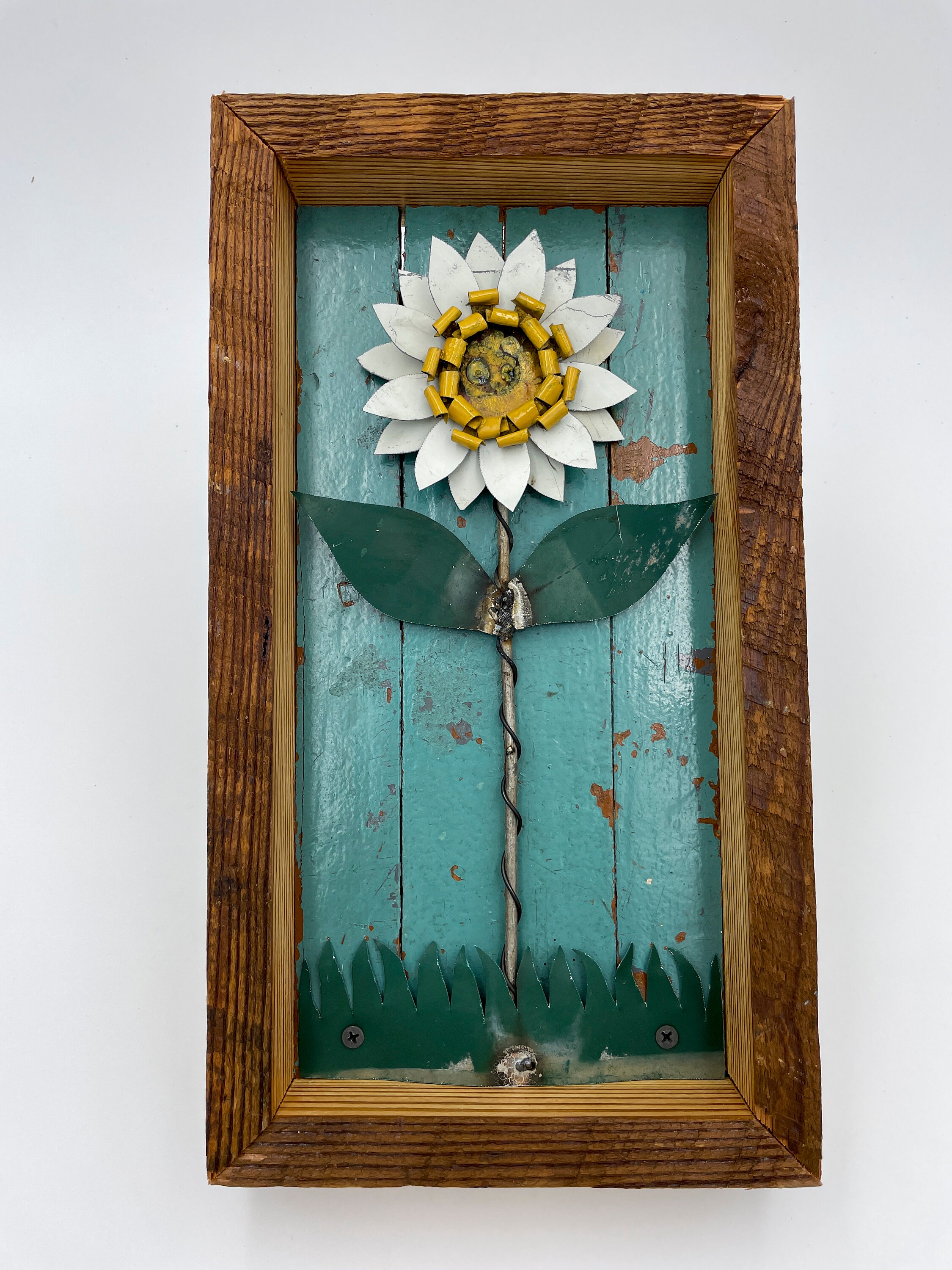 Reclaimed Wood Wall Art Metal Flower Blue Shiplap Barn Etsy