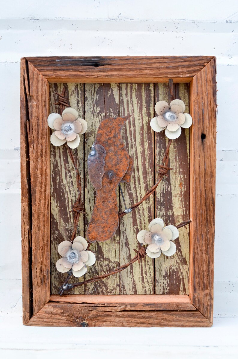 Reclaimed Wood Wall Art Metal Flowers And Bird Tan Brown Shiplap Barnwood Barbed Wire Mockingbird Rustic Daisy Azalea Dogwood