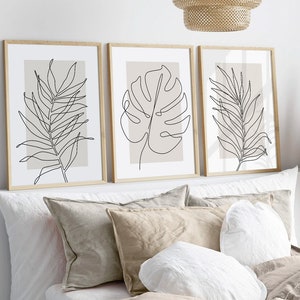 Botanical Line Art, Neutral Wall Art Prints, Set of 3 Beige Plant Prints, Minimalist Modern Bedroom Living Room Wall Decor, Printable Art