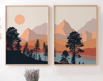 2 Piece Art Prints, Abstract Poster Set, Bedroom Wall Art, Mid Century Wall Art, Living Room Art, Nature wall art Minimalist Contemporary