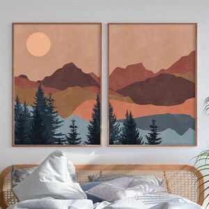 Terracotta Sun Mountain Wall Art Print Set of 2 Mid | Etsy Canada