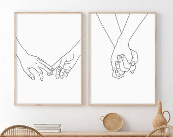 Set of 2 Line drawing print, Holding hands print Hands line art, Line art, Line sketch, Printable Line poster, Couple hands print