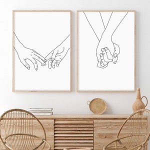 Set of 2 Line drawing print, Holding hands print Hands line art, Line art, Line sketch, Printable Line poster, Couple hands print