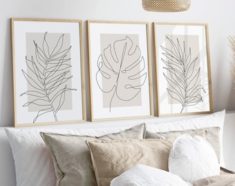 Botanical Line Art, Neutral Wall Art Prints, Set of 3 Beige Plant Prints, Minimalist Modern Bedroom Living Room Wall Decor, Printable Art