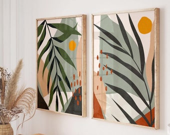 Boho Botanical Set of 2 Prints, Digital Download Green Abstract Tropical Leaf Minimal Wall Art Set of Two Prints Living Room Decor