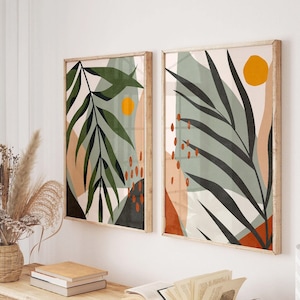 Boho Botanical Set of 2 Prints, Digital Download Green Abstract Tropical Leaf Minimal Wall Art Set of Two Prints Living Room Decor