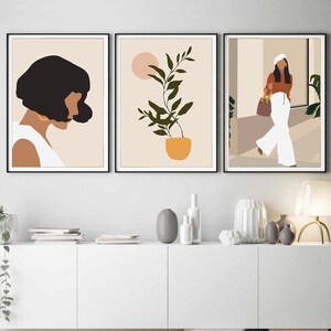 Abstract Set of 3 Prints, Mid Century Modern Art Print Set Abstract Woman Portrait Wall Art Botanical Leaf Printable Art Print Set