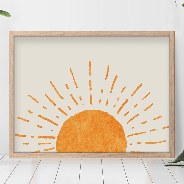 Digital, Boho Wall Decor Abstract Sun Wall Art, Horizon Yellow Sun Minimalist Poster Sunburst Art Print, Mid Century Modern Printable Art,