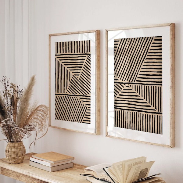 Mid Century Modern Wall Art Print Set of 2, Abstract Wall Art Neutral Tones, Neutral Abstract Geometric Digital Download Prints, Beige Decor