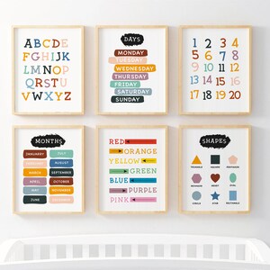 Arte de pared para niños, juego de guardería de 6 impresiones, arte de pared para niños, arte de pared educativo, números de impresión en el aula, colores, alfabeto, formas