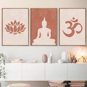 Set of 3 Yoga Meditation Zen Art Print - Mid Century Modern Art Print Set Om Symbol, Buddha, Lotus Flower Wall Decor Birthday Gift Set