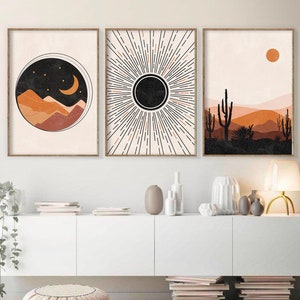 Mid Century Modern Art, Sun and Moon Print Set of 3, Scandinavian Art, Minimal Abstract Geometric art, Desert, Digital download, Boho Art