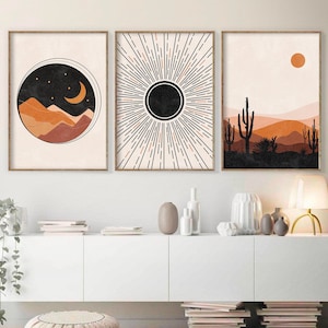 Mid Century Modern Art, Sun and Moon Print Set of 3, Scandinavian Art, Minimal Abstract Geometric art, Desert, Digital download, Boho Art