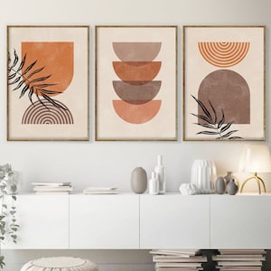 Mid Century Modern Art Print Set of 3, Neutral Geometric Wall Art, Rainbow Digital download, Abstract Gallery Terracotta Art