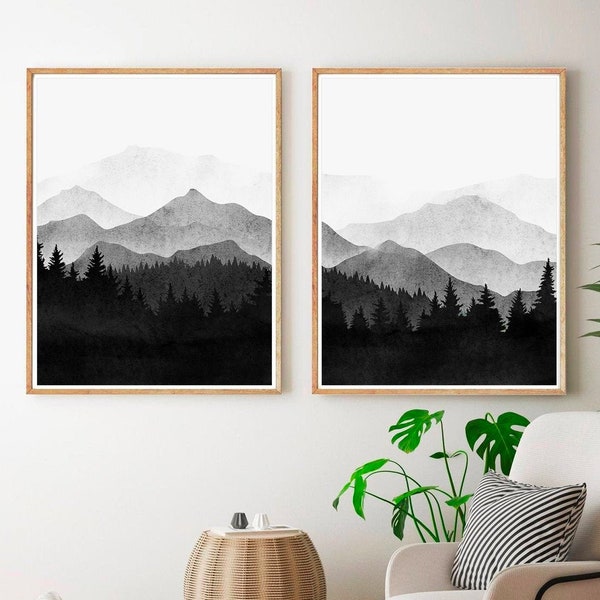 Black and White Print Watercolor Art Set, 2 Piece Mountain Wall Art, Mountain Print, Scandinavian Print, Contemporary Prints, Minimalist Art