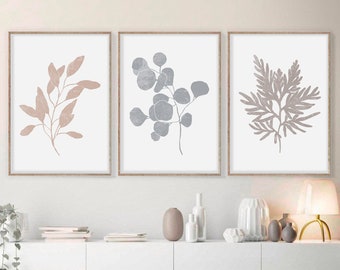 Abstract Botanical Print Set of 3, Beige Minimal Botanical art, Neutral Botanical Wall Art, Abstract Leaves, Printable Living Room Decor