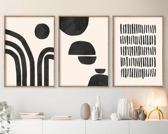 Abstract Geometric Print Set of 3 Prints Beige and Black Art Mid Century Modern Art Prints Modern Wall Art Decor Printable Digital Art